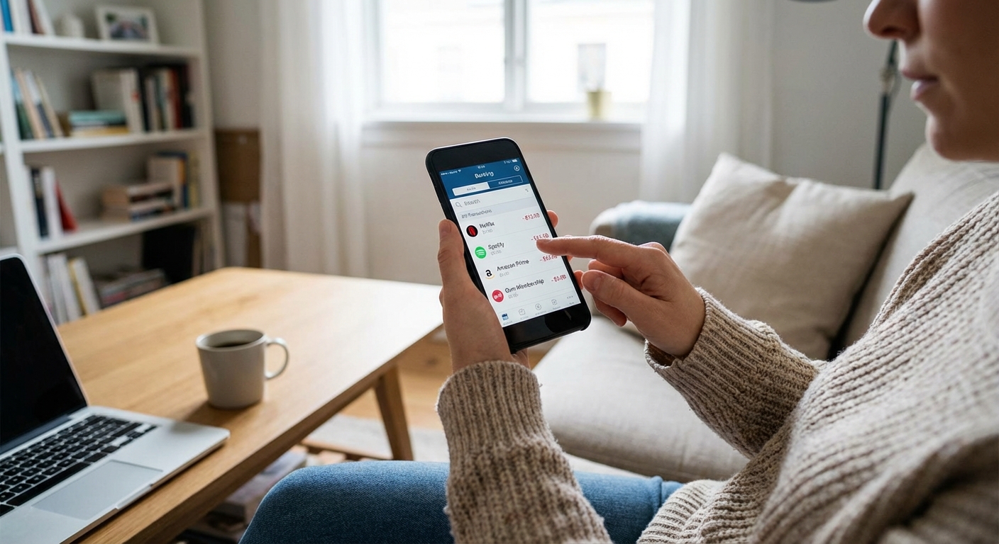 A person holding a smartphone while reviewing monthly subscriptions and payments in a banking app at home, realistic photo