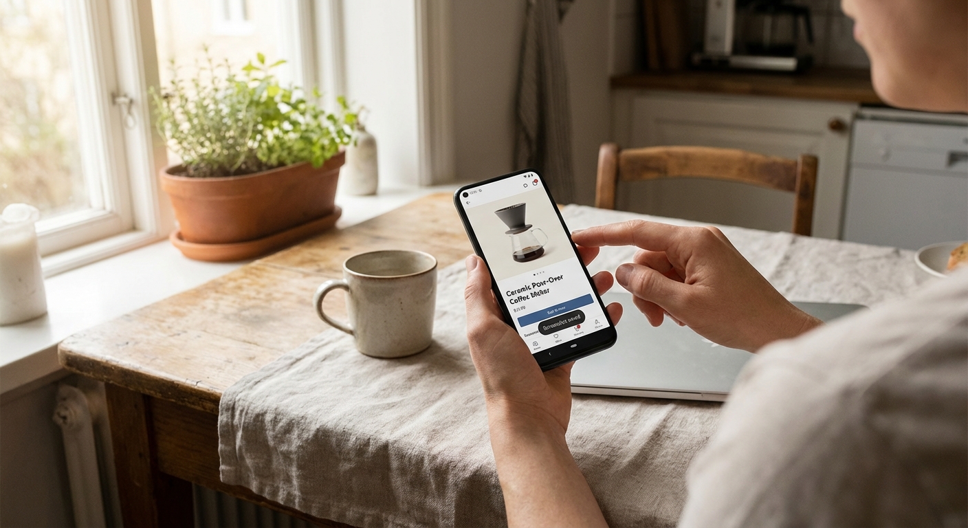 A person holding a smartphone while taking a screenshot of a product page, sitting at a kitchen table with natural morning light, realistic photography