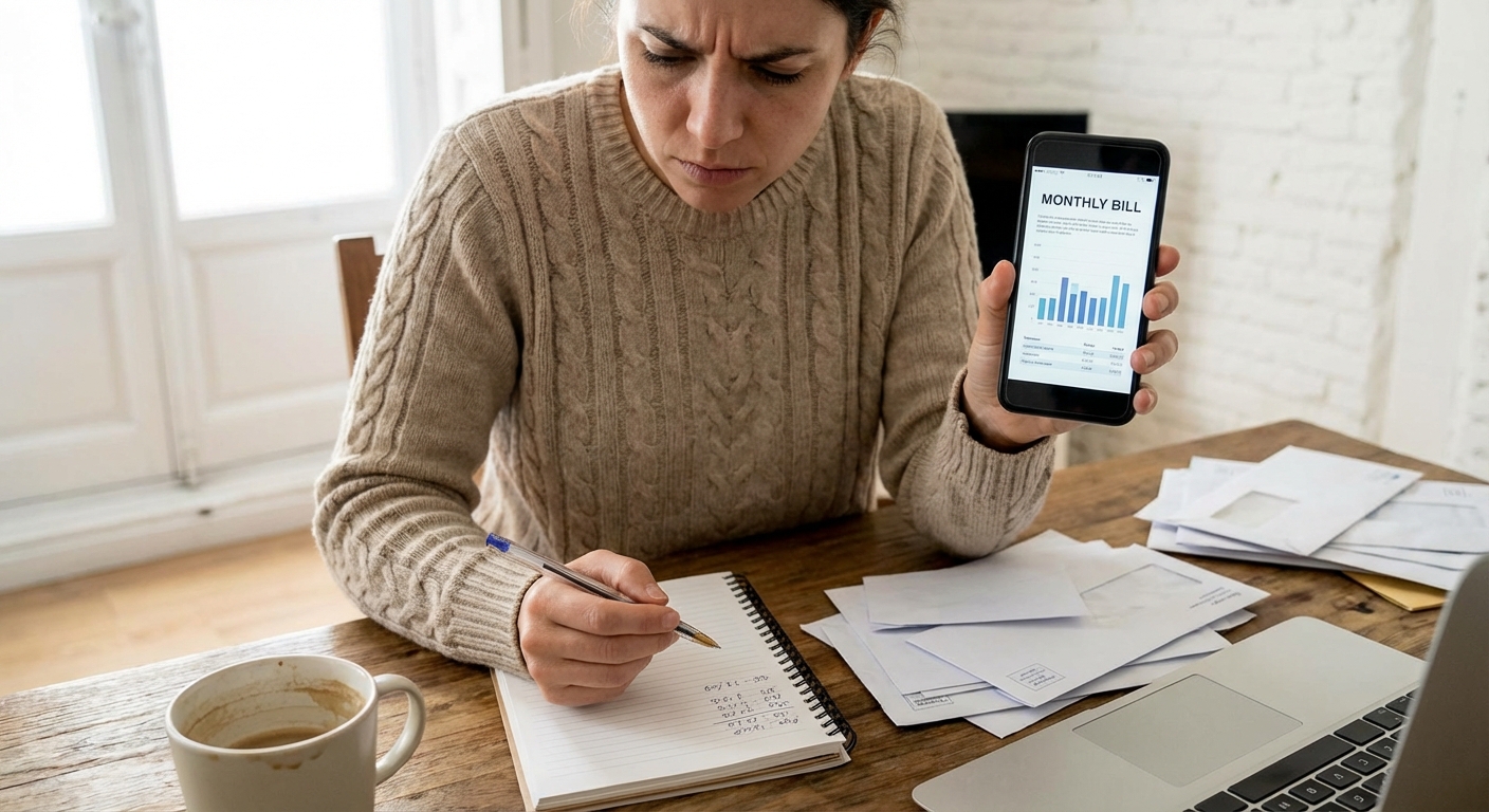 A person holding a smartphone while viewing a monthly mobile bill statement on the screen, sitting at a desk with a pen and paper, realistic photograph
