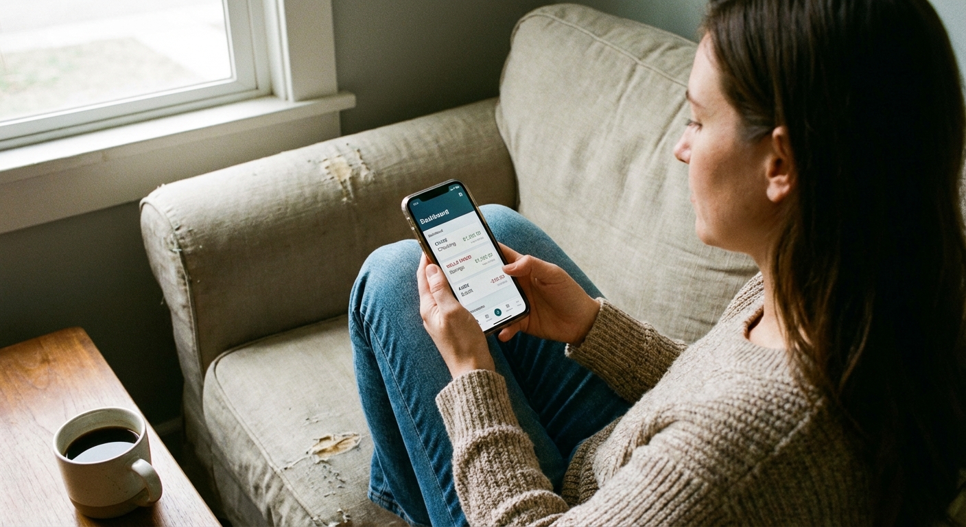 A person holding a smartphone while viewing multiple bank accounts in a mobile banking app, seated on a couch in natural window light, realistic photo