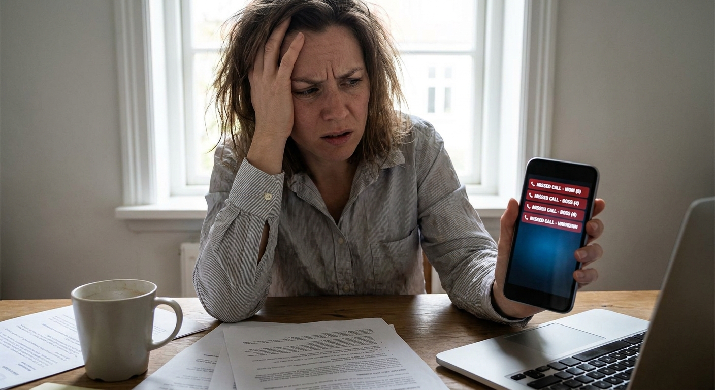 A person holding a smartphone with repeated missed calls while looking stressed at a desk, realistic indoor photo