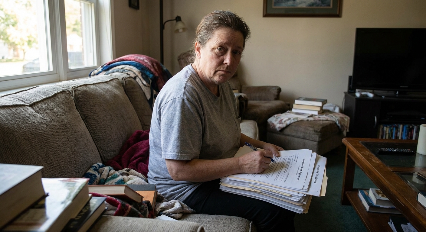 A person holding a stack of personal loan paperwork while sitting on a couch in a living room, realistic photography style