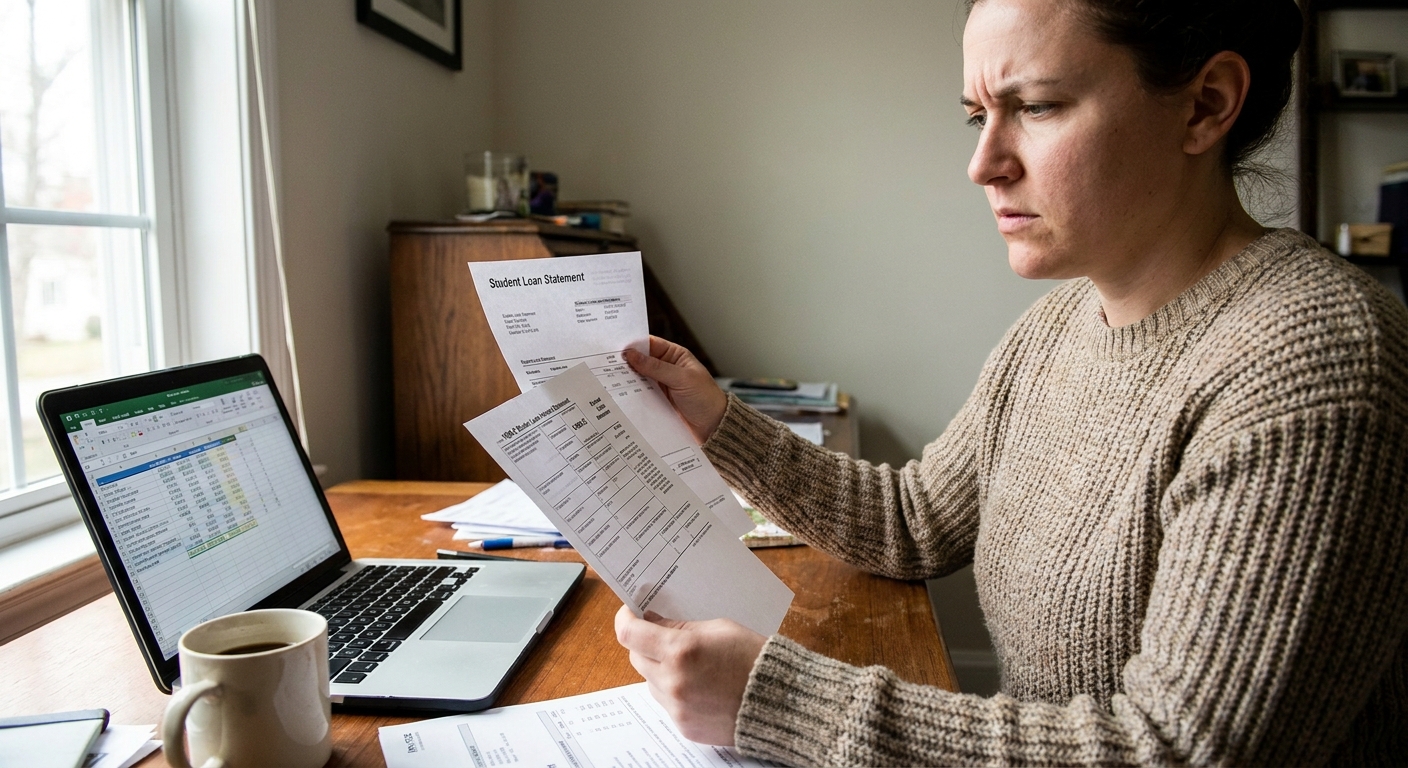 A person holding a student loan statement while comparing it to a 1098-E form next to an open laptop, realistic home office photo