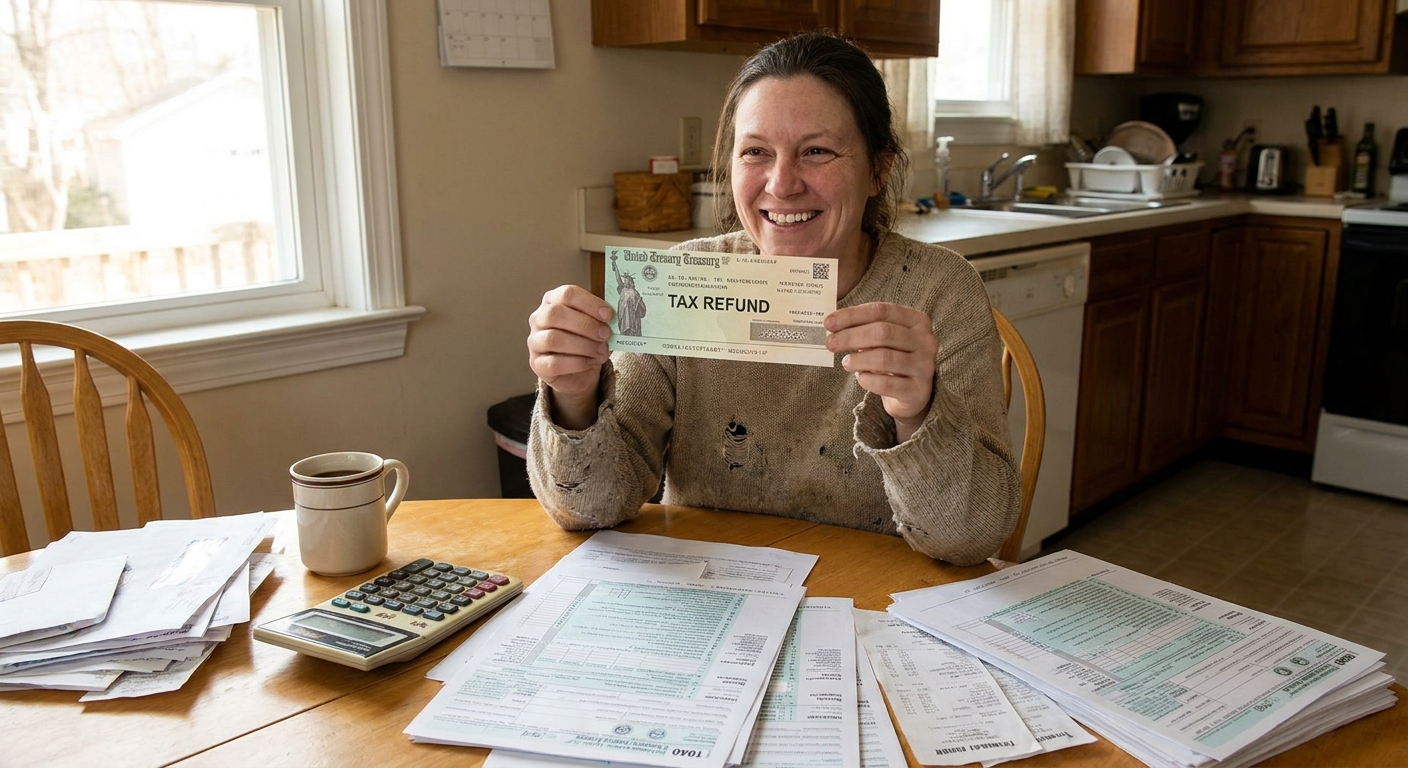 A person holding a tax refund check while sitting at a kitchen table with tax papers and a calculator, realistic photography