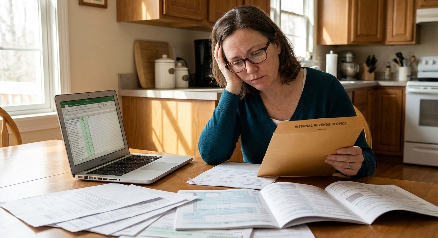 A person holding an IRS envelope while sitting at a kitchen table with tax forms and a laptop, realistic home photo