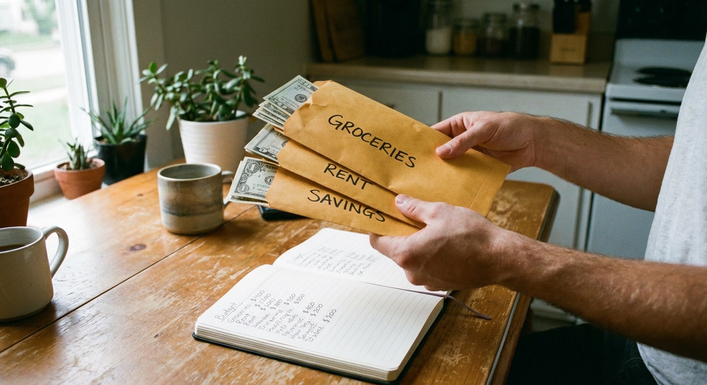 A person holding cash envelopes over an open notebook with handwritten budget categories at a kitchen table, natural window light
