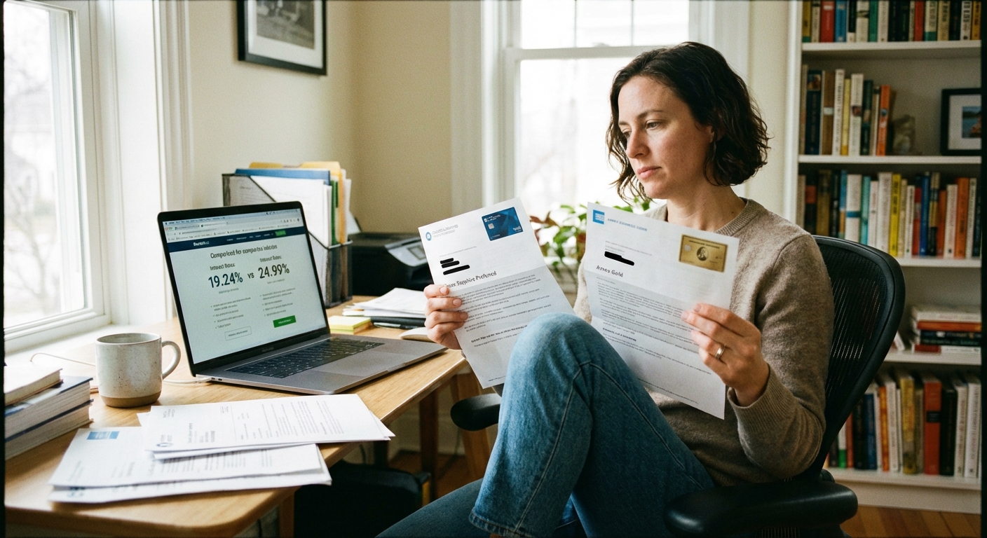 A person in a home office comparing two credit card offer letters and a laptop screen showing interest rates, candid real-life photo
