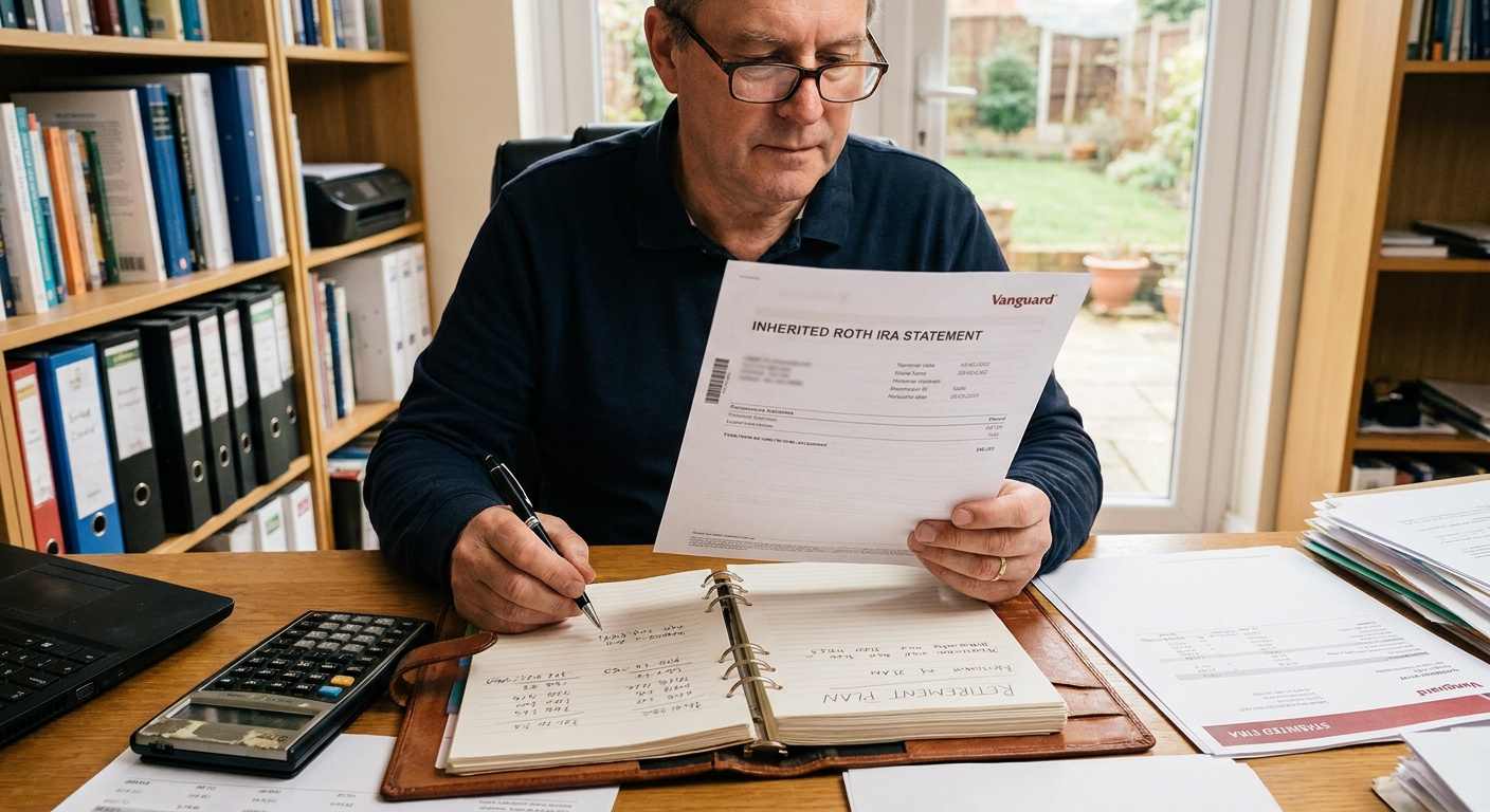 A person in a home office holding an inherited Roth IRA statement beside a notebook and calculator, realistic photography style