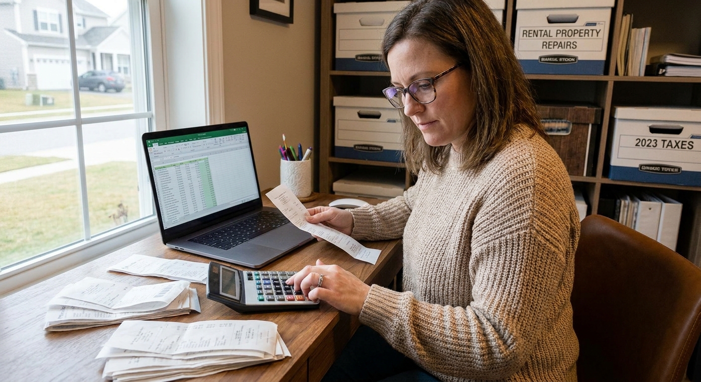 A person in a home office sorting rental property repair receipts next to a calculator and a laptop, realistic photo