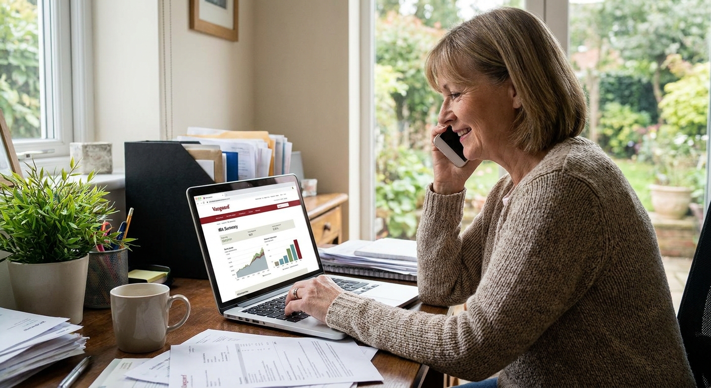 A person in a home office talking on the phone with an IRA custodian while looking at a retirement account website on a laptop, real photo