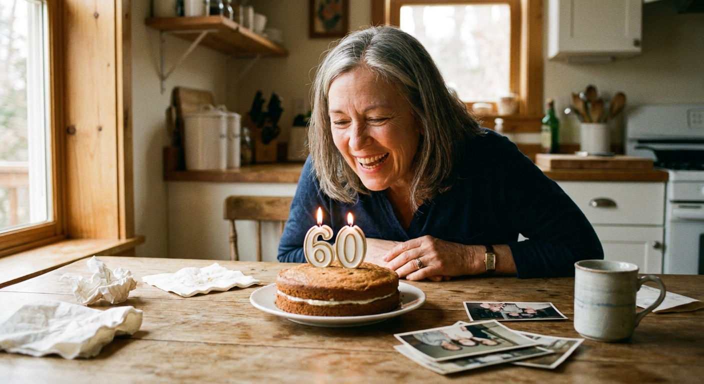 A person in their early 60s blowing out candles on a small birthday cake at home, warm natural light, realistic photo