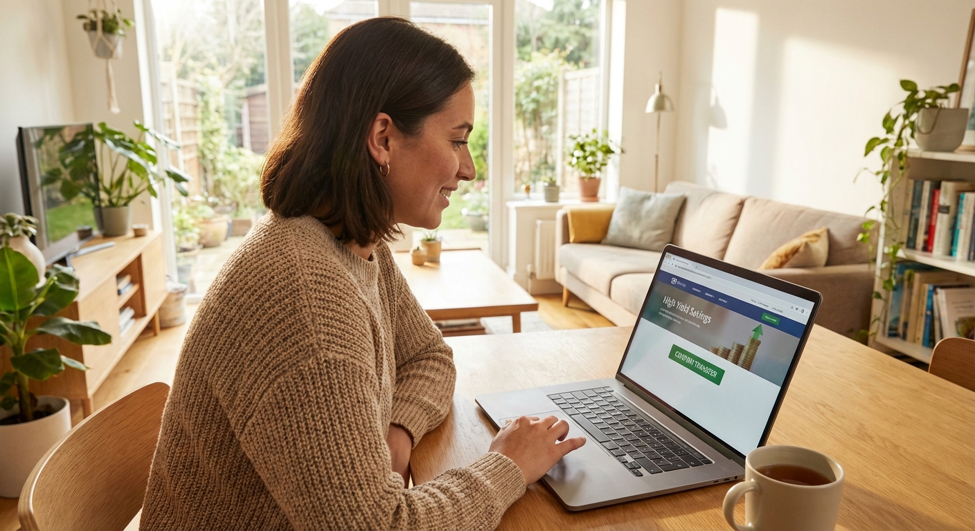 A person initiating an automatic transfer to a high-yield savings account on a laptop in a bright living room, realistic photo