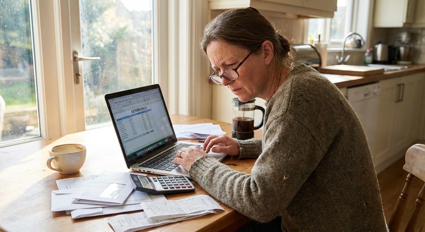 A person looking focused while reviewing monthly bills on a laptop at a kitchen table with a cup of coffee nearby, natural light photo