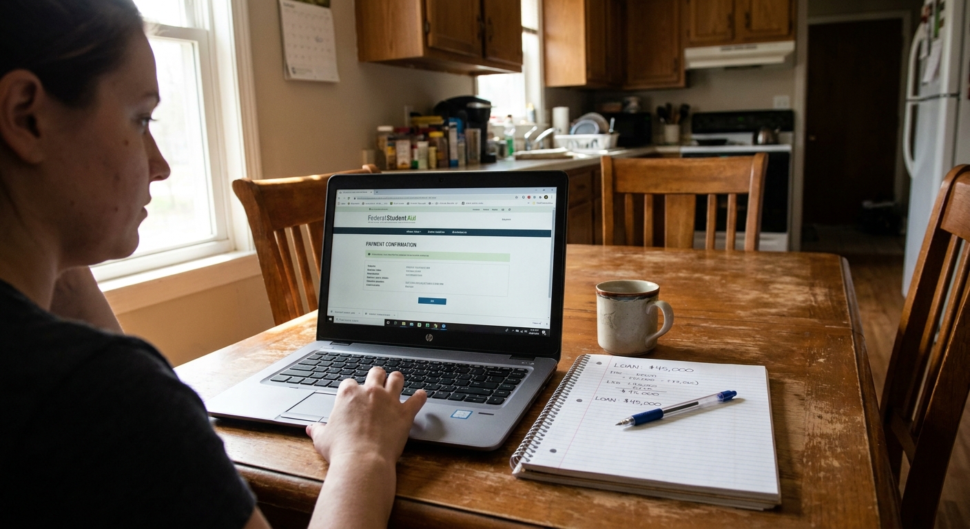 A person making a student loan payment on a laptop at a dining table with a notepad and pen nearby, realistic photo