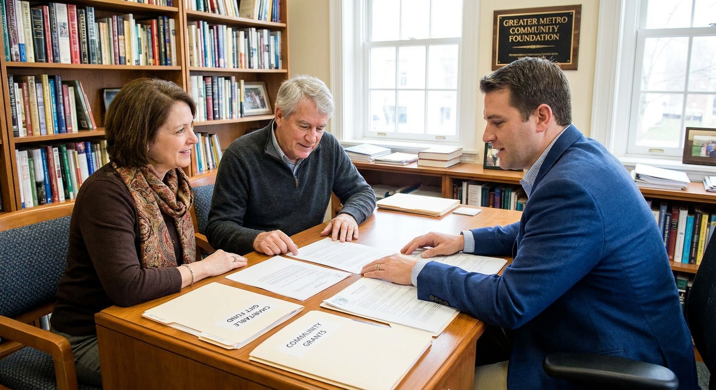 A person meeting with a financial advisor in a community foundation office, reviewing charitable giving documents on a desk, documentary photo