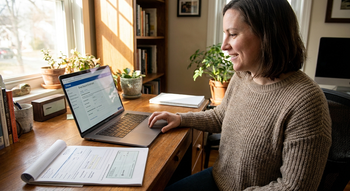 A person on a laptop in a home office setting up payroll direct deposit with a bank routing and account number form visible, realistic photo