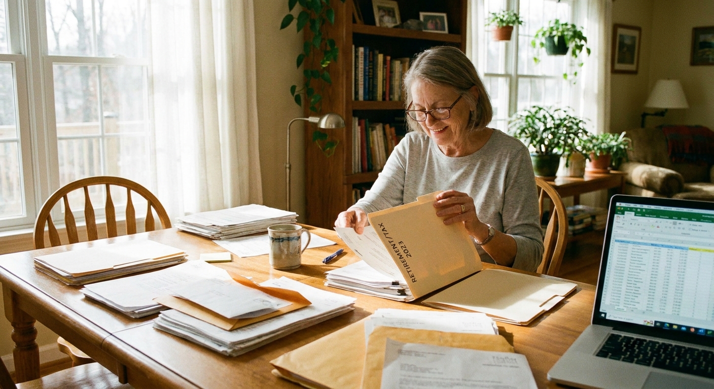 A person organizing a folder of retirement account statements and tax documents on a kitchen table in a well-lit home, realistic photography
