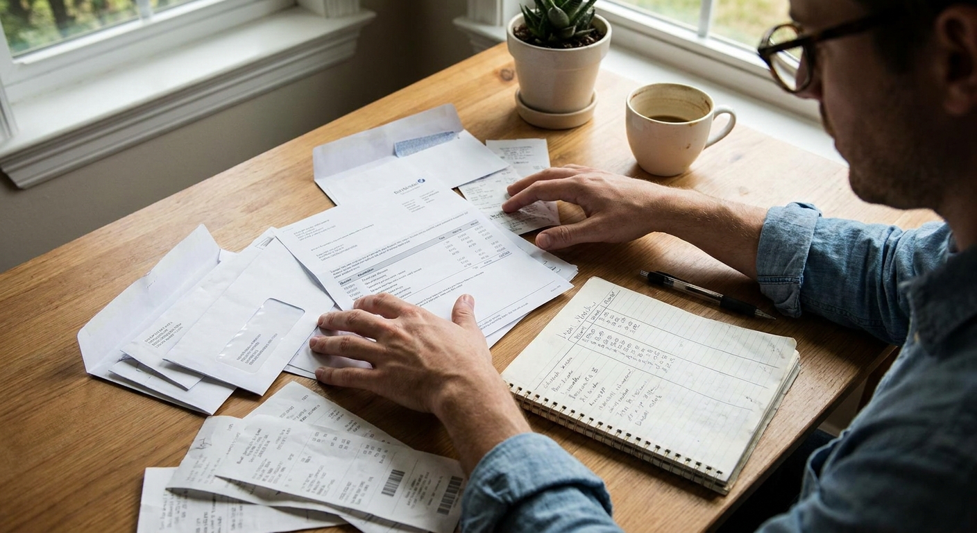 A person organizing bills and bank statements on a home desk with a notebook and pen, realistic documentary-style photo