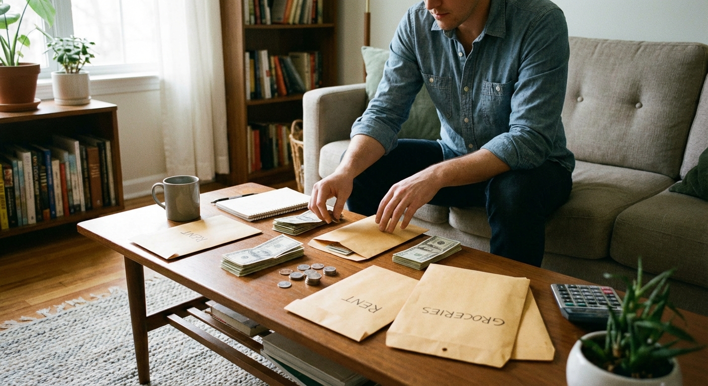 A person organizing cash into plain envelopes on a coffee table in a living room