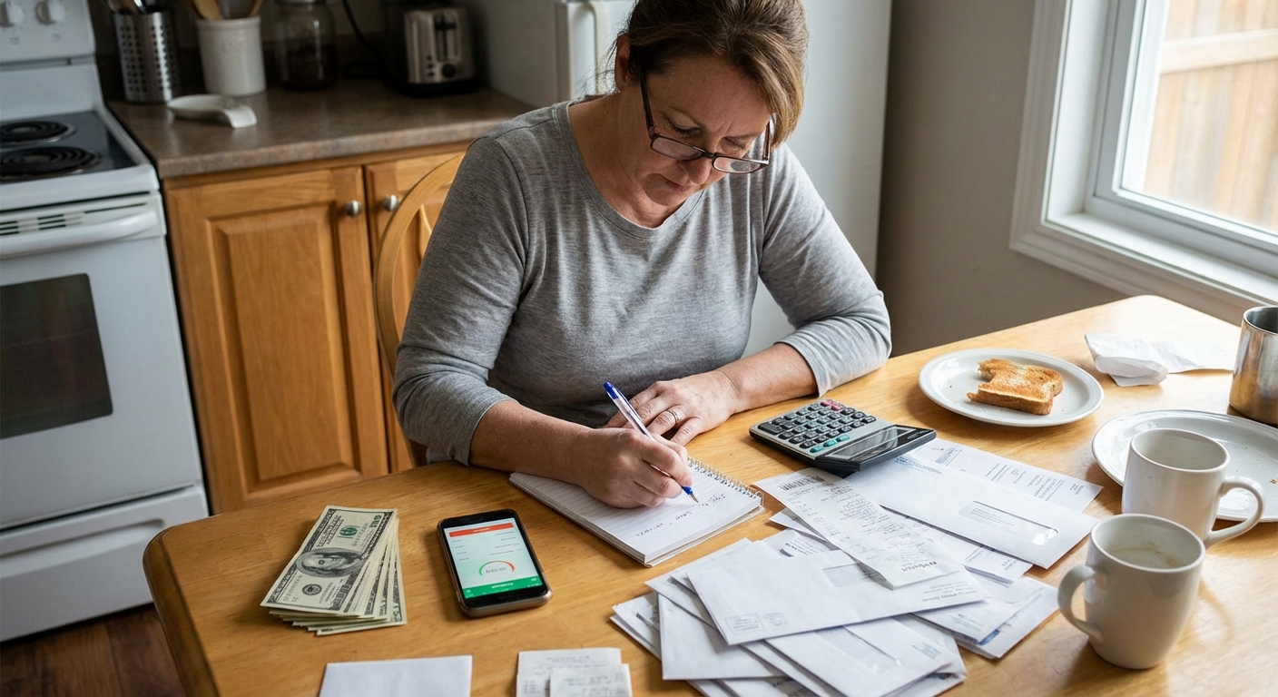 A person organizing household finances at a kitchen table with a notebook, a pen, and a small stack of cash next to a smartphone, realistic photography