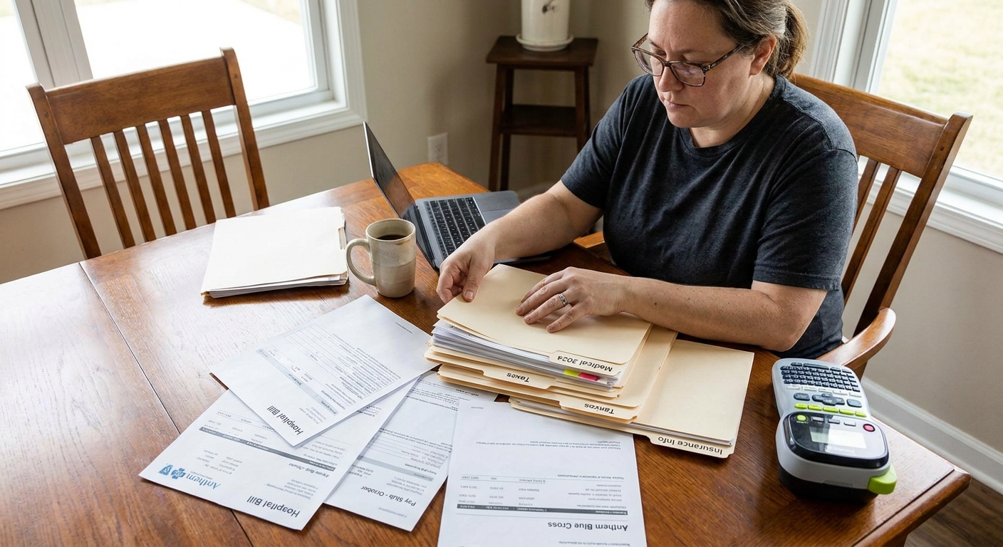 A person organizing medical bills, pay stubs, and insurance papers into labeled folders on a dining table, realistic photo