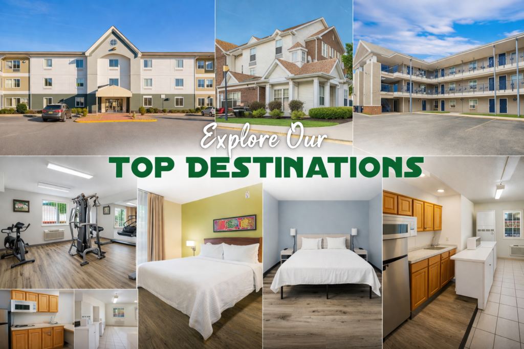 A person placing a suitcase on a bed in a simple hotel room, realistic travel photography style