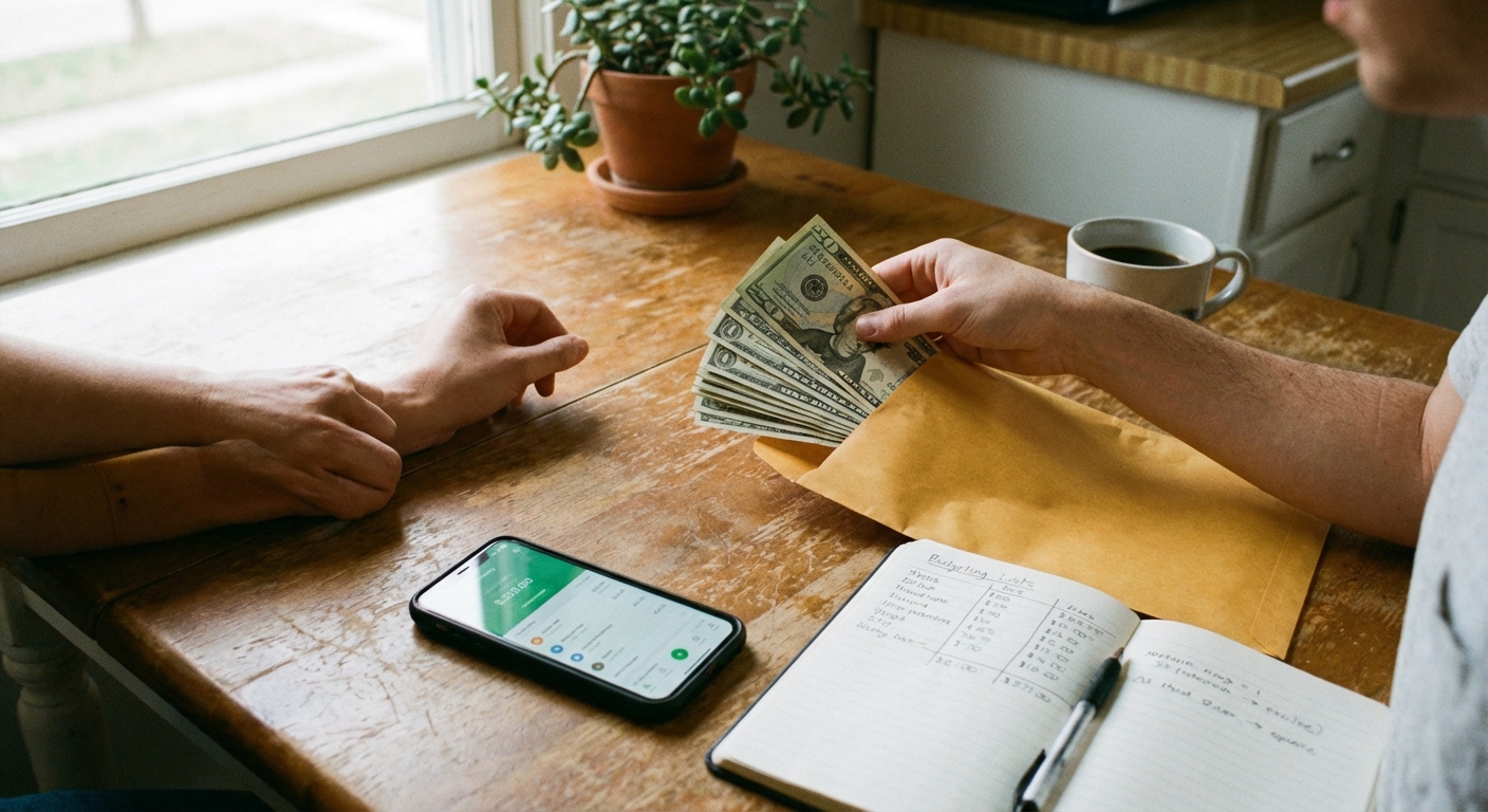 A person placing cash into an envelope on a kitchen table next to a smartphone and a notebook, realistic photo style