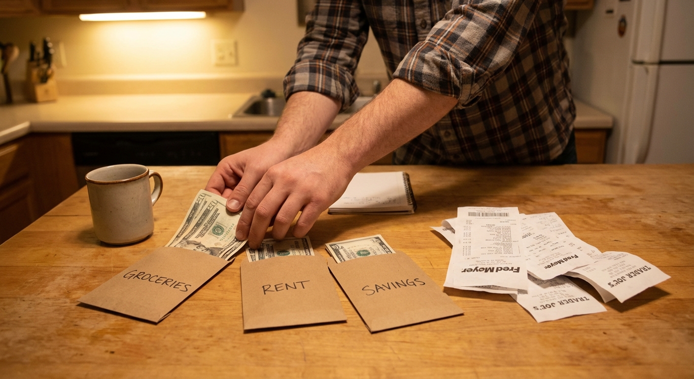 A person placing cash into labeled paper envelopes beside grocery receipts on a kitchen table, warm indoor lighting, realistic photo
