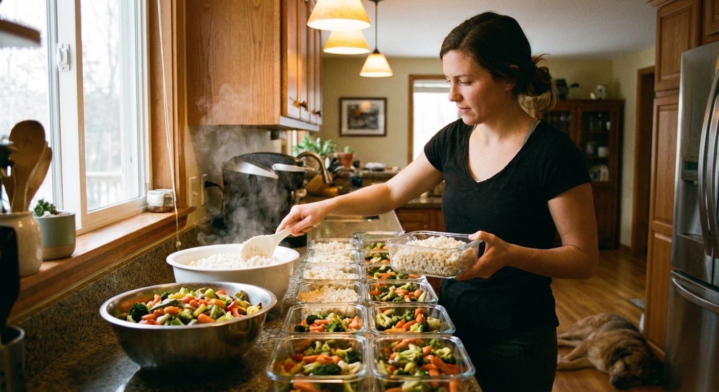 A person portioning cooked rice and vegetables into food containers on a kitchen counter, warm indoor light, realistic photograph