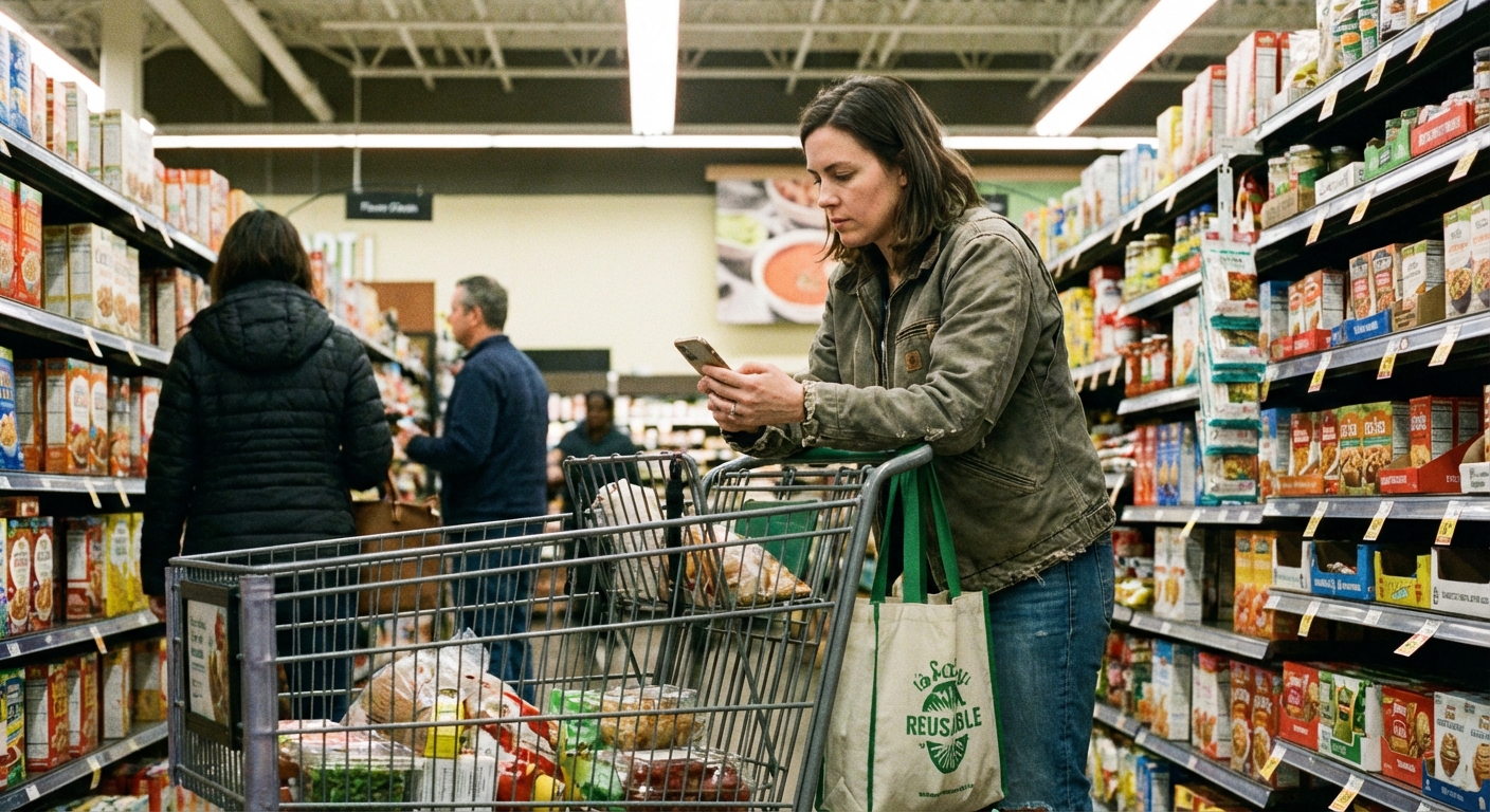 A person pushing a grocery basket down a supermarket aisle while checking a shopping list on a phone, realistic photo