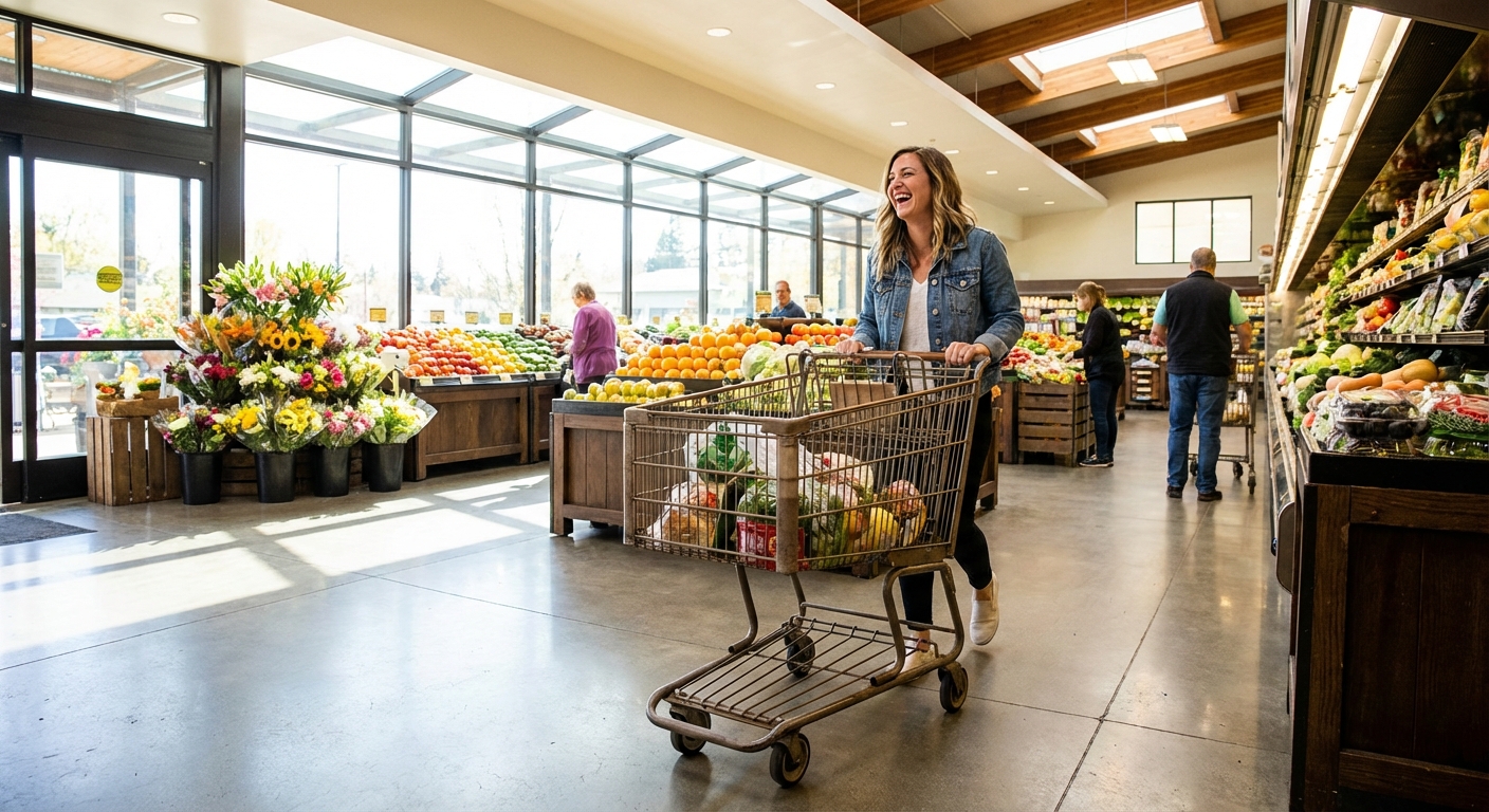 A person pushing a grocery cart down a bright supermarket aisle