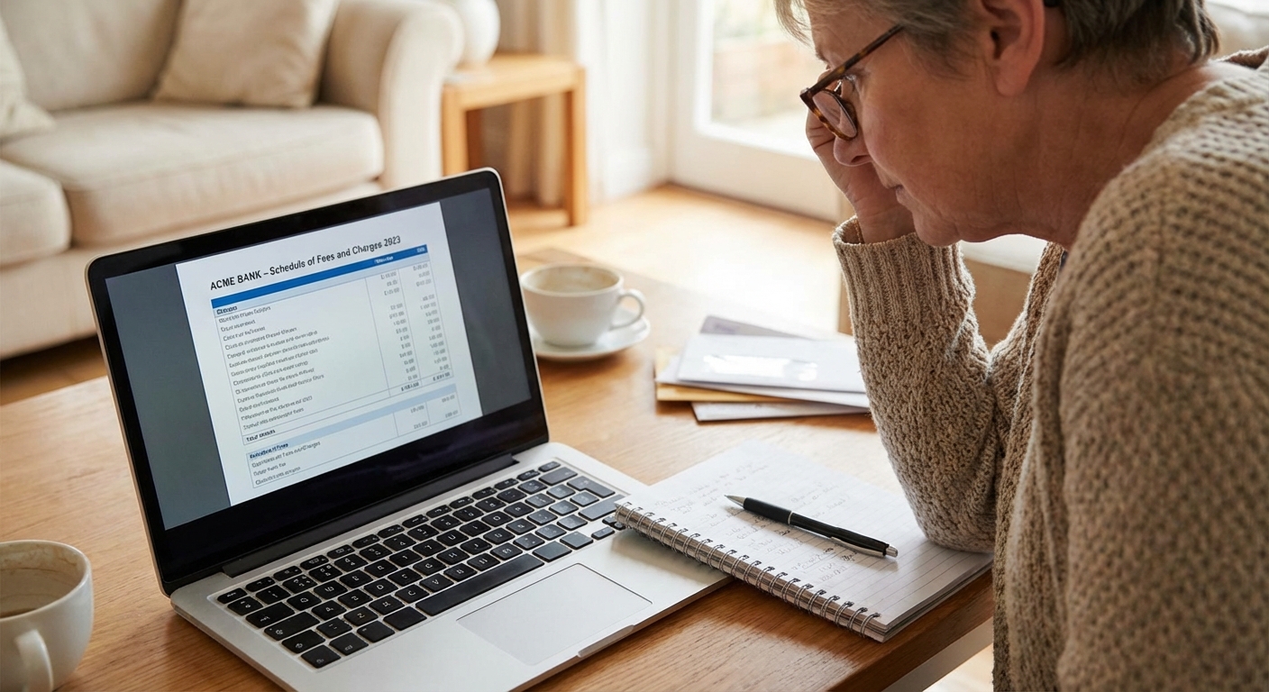 A person reading a bank fee schedule on a laptop screen at home with a notebook and pen on the table, realistic photo