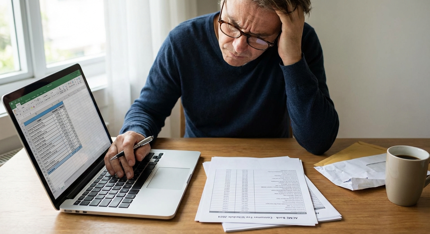 A person reviewing a bank fee schedule on a laptop with printed paperwork and a pen on a desk, realistic photo style