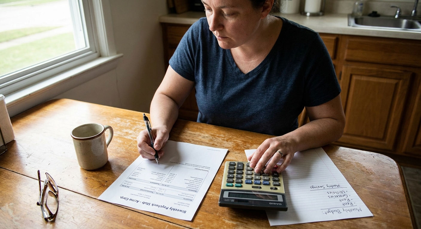 A person reviewing a biweekly paycheck stub and monthly budget notes at a kitchen table with a pen and calculator