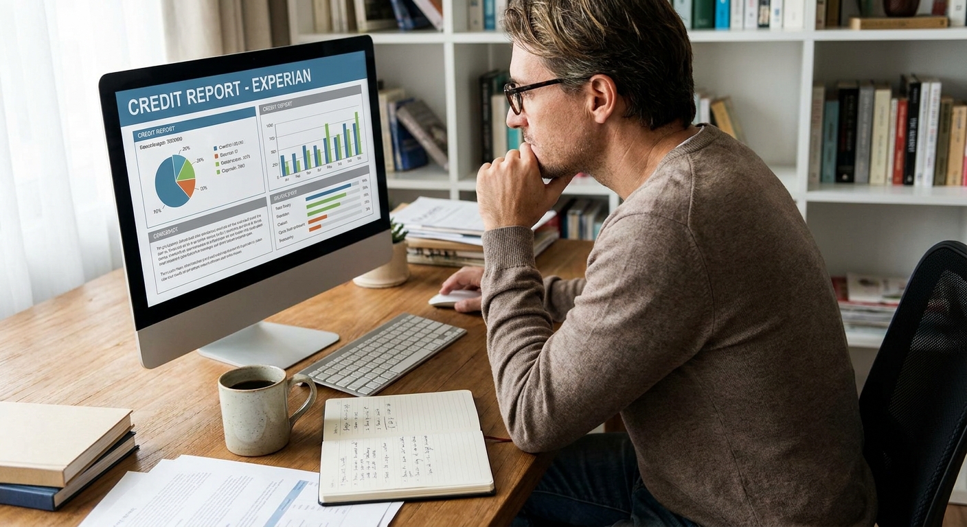 A person reviewing a credit report on a computer monitor at a home office desk with a notebook and a cup of coffee, realistic photo
