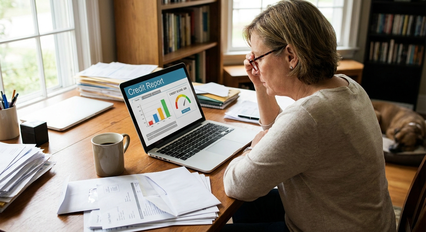 A person reviewing a credit report on a laptop in a home office with papers spread on a desk, realistic photo