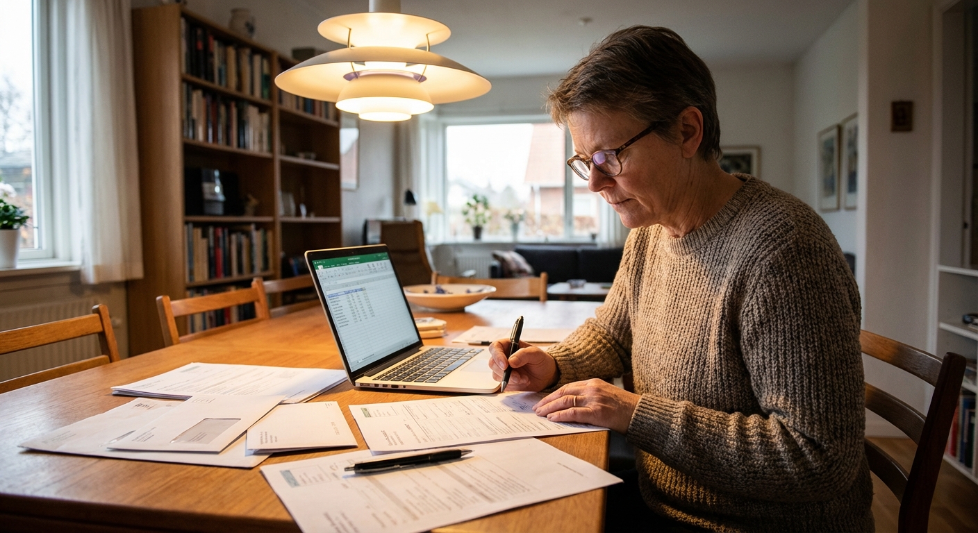 A person reviewing bank paperwork at a dining table with a pen and a laptop open, warm indoor lighting, realistic photo