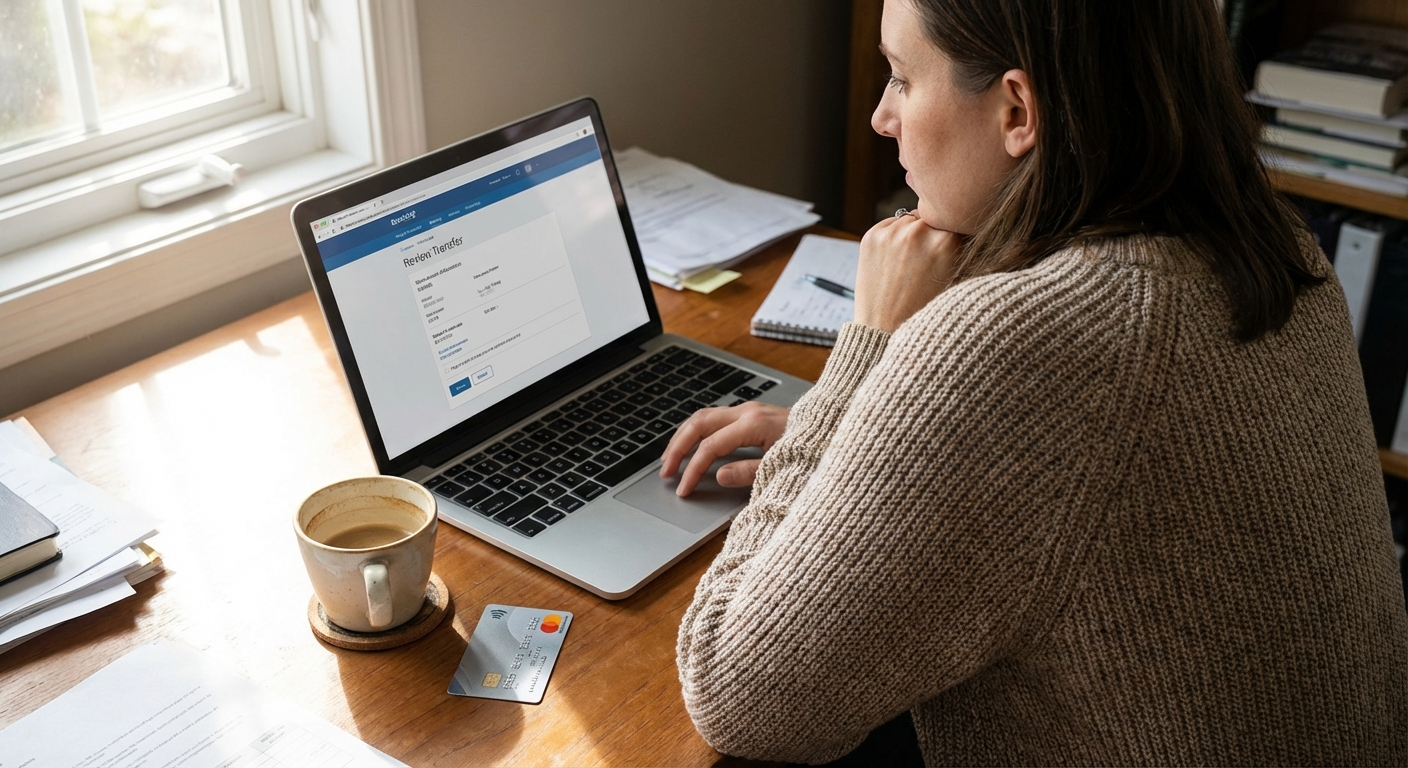 A person reviewing bank transfer details on a laptop at a home desk with a debit card and a cup of coffee nearby, realistic photography