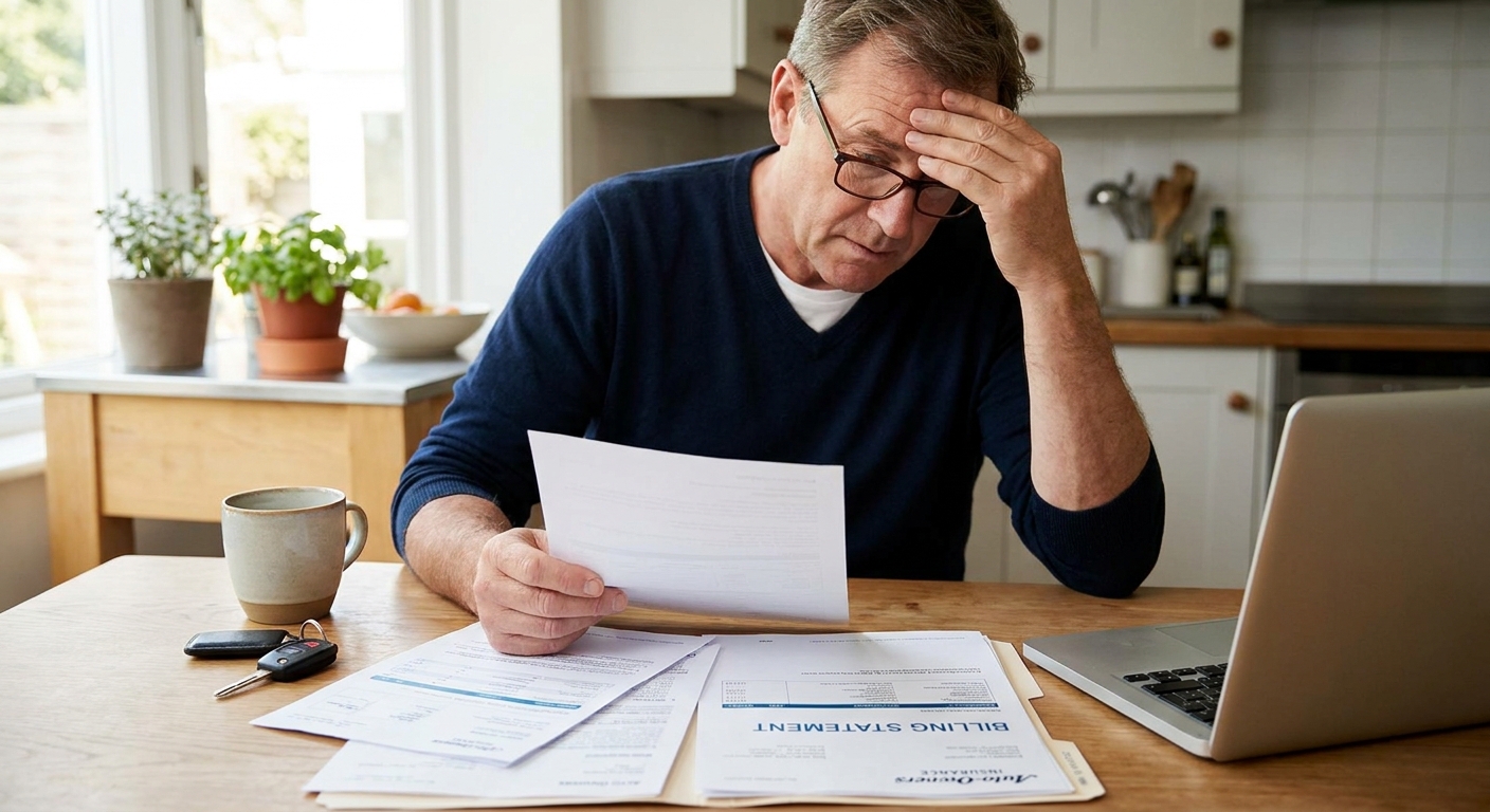 A person reviewing car insurance documents and a billing statement on a kitchen table with a car key nearby, realistic photo