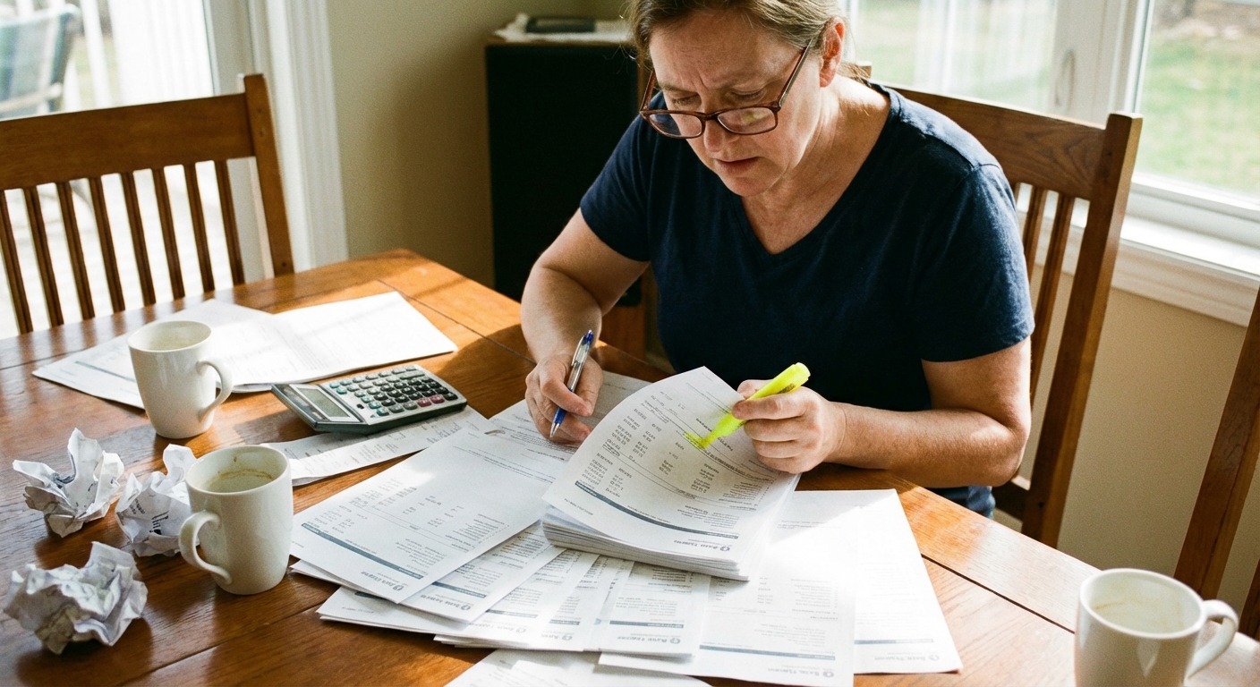 A person reviewing printed bank statements with a pen and highlighter at a dining table