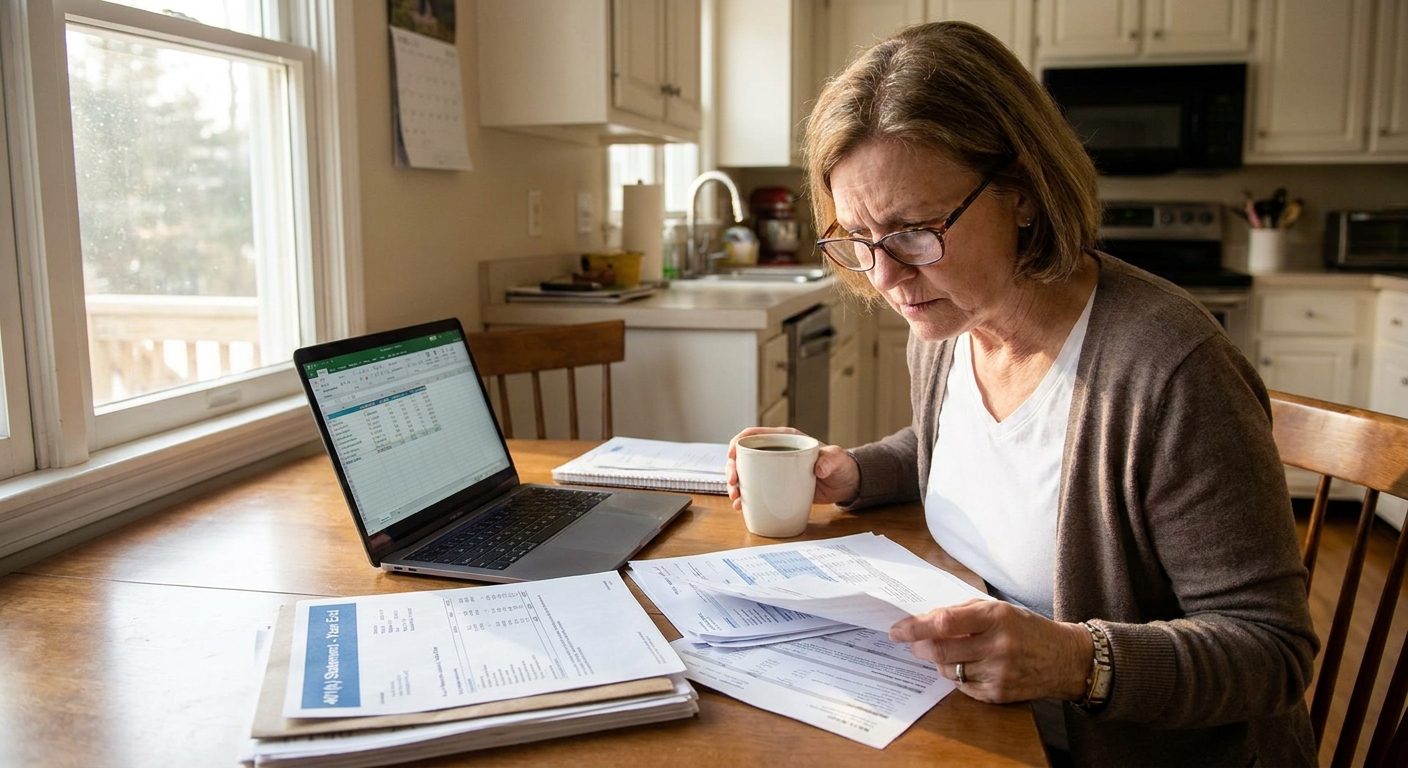 A person reviewing tax documents at a kitchen table with a laptop open and a retirement account statement nearby, natural morning light, realistic photography style