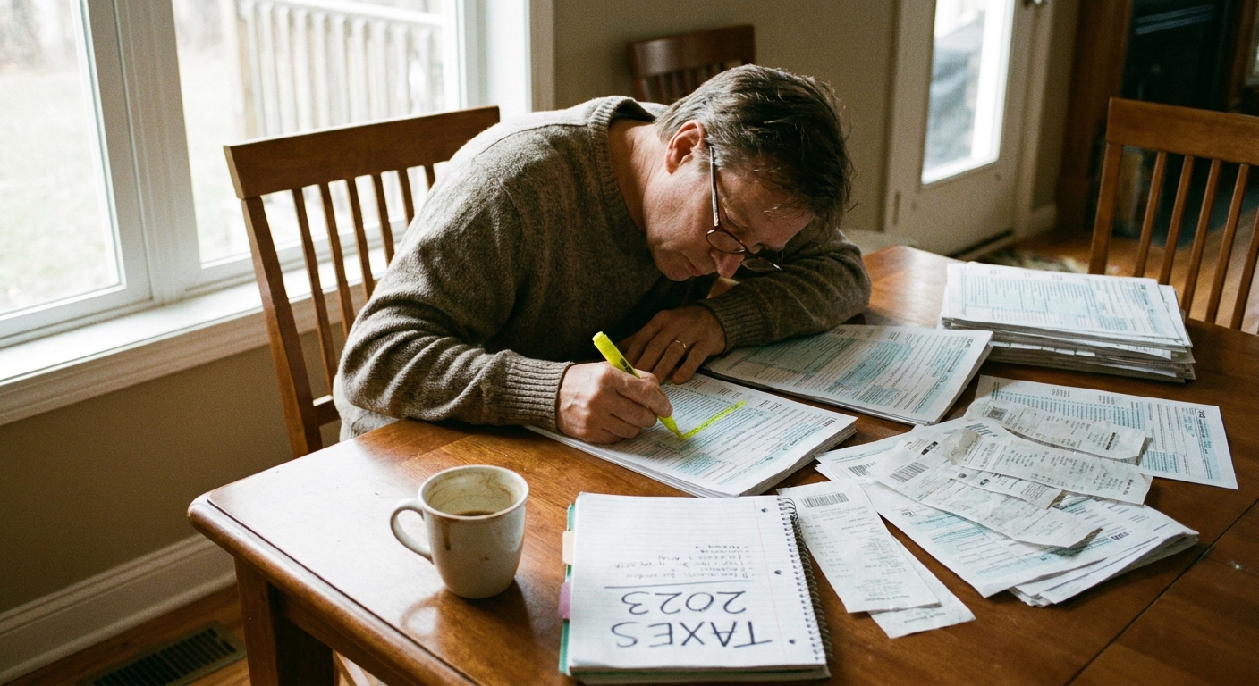 A person reviewing tax paperwork with a highlighter and notebook on a dining room table, natural window light