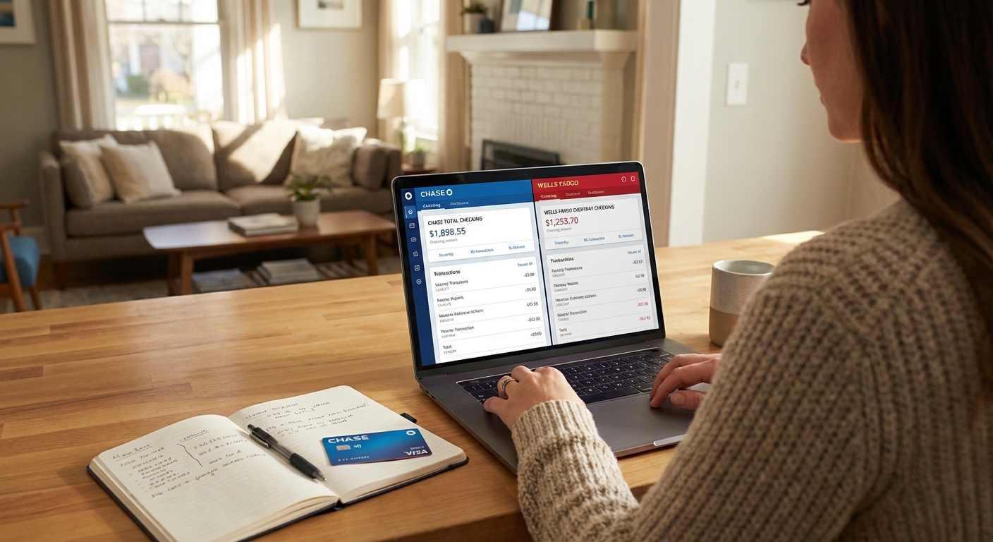 A person reviewing two checking accounts on a laptop banking dashboard at home, with a notebook and debit card on the table, realistic photo