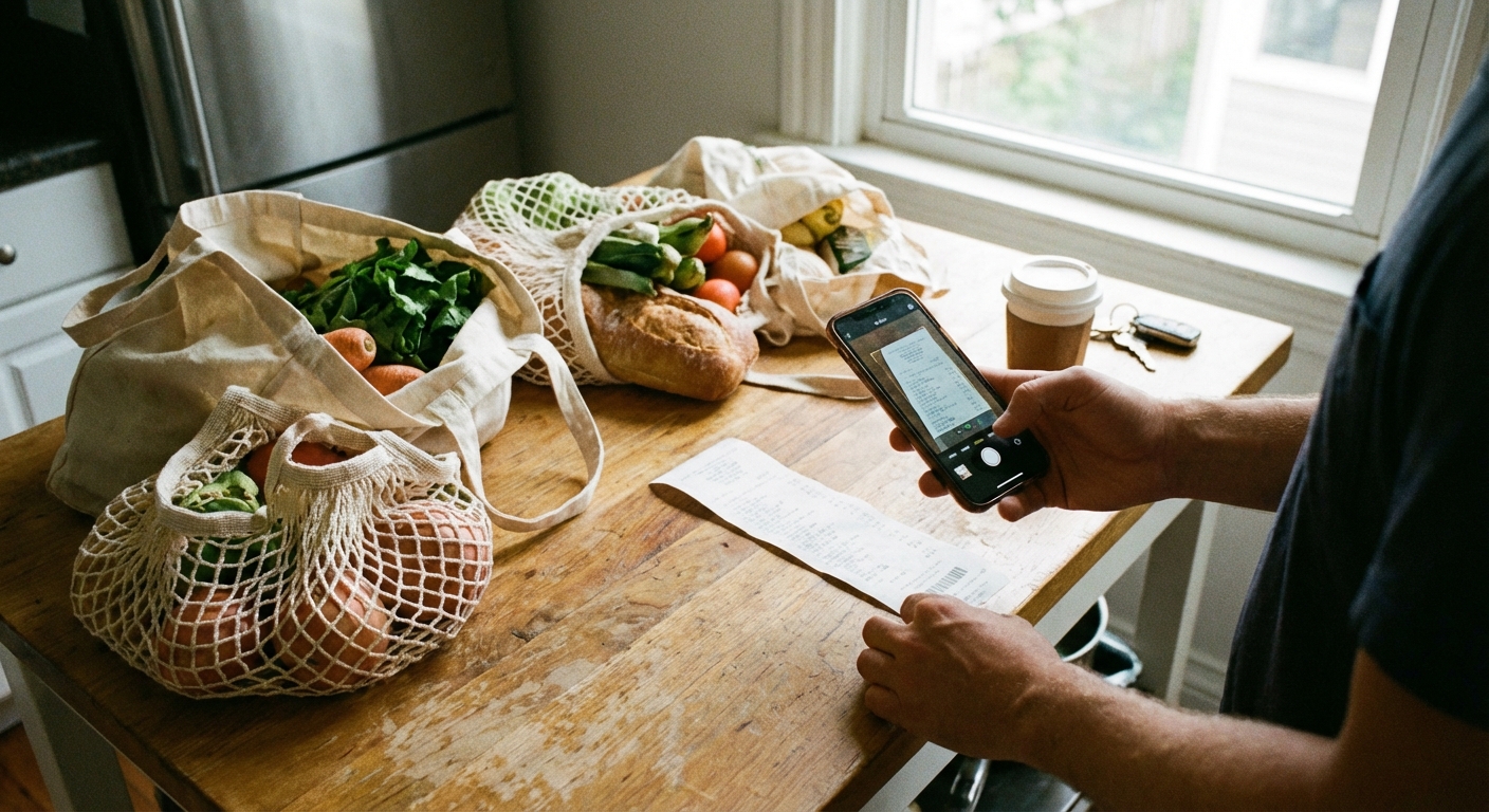 A person scanning a grocery receipt with a smartphone on a kitchen counter next to grocery bags, realistic photo