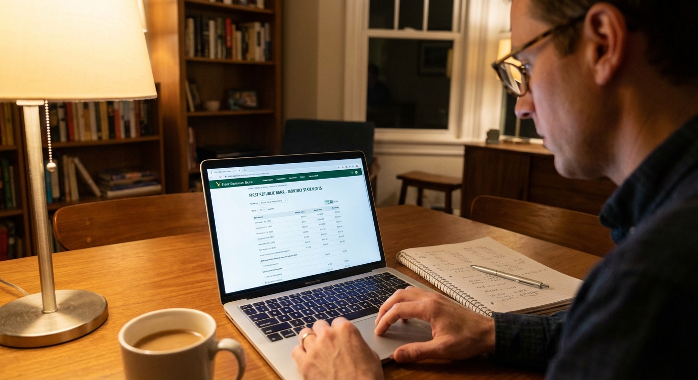 A person scrolling through online bank statements on a laptop with a pen and paper nearby, indoor home lighting, realistic photo