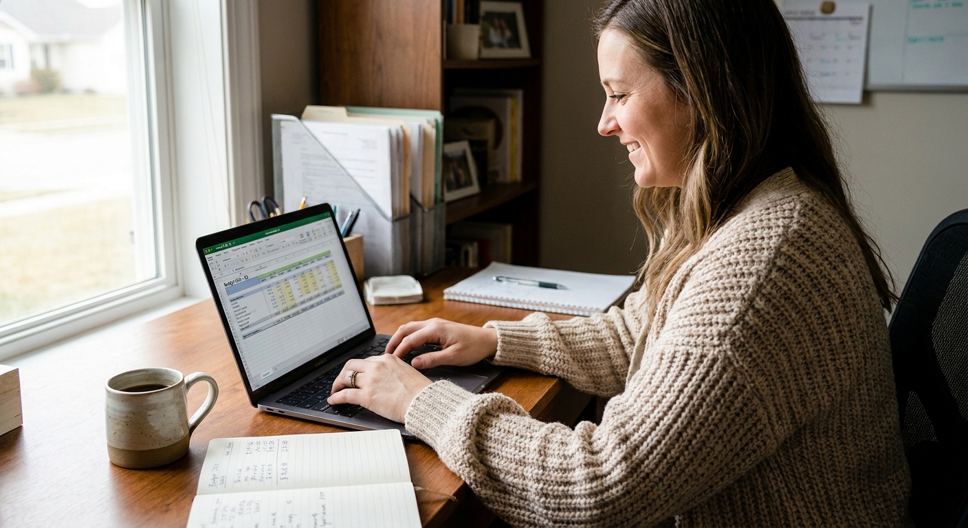A person seated at a home desk updating a budget spreadsheet on a laptop with a notebook and coffee nearby, realistic photo