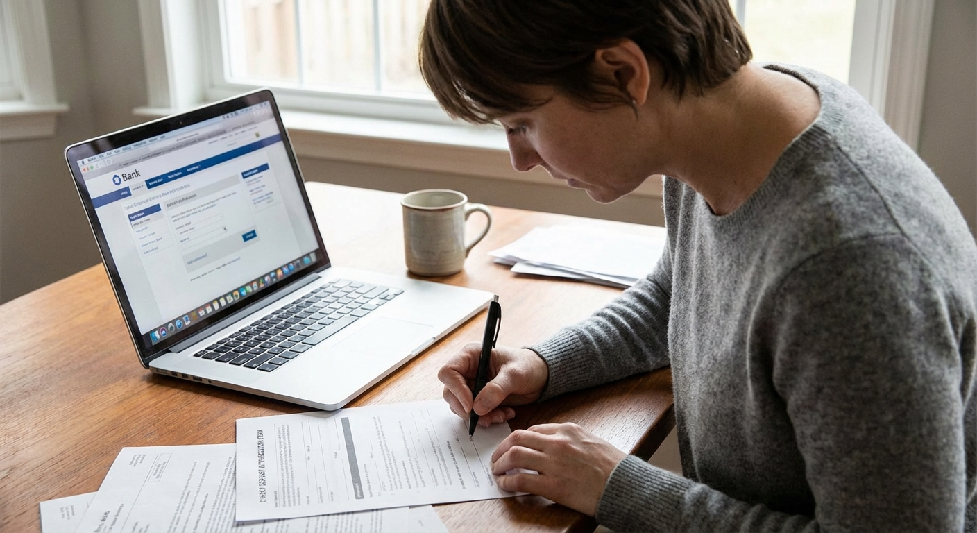 A person signing a direct deposit change form at a desk with a laptop and a pen, real photo