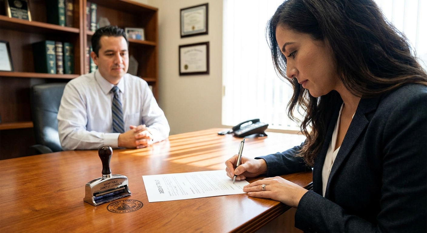 A person signing a property deed document at a notary office table with a notary stamp visible, realistic photo