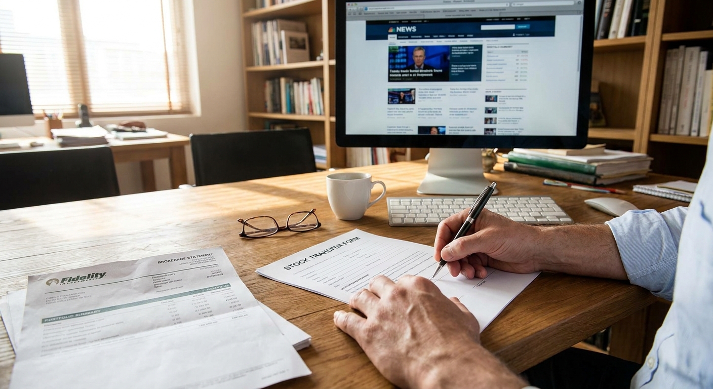 A person signing a stock transfer form at a desk with a brokerage statement nearby, realistic office photo