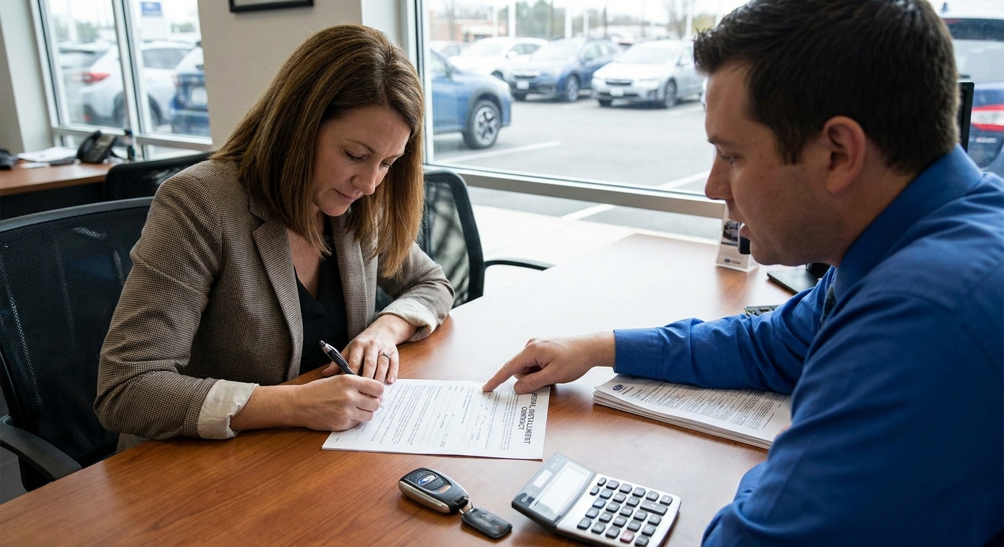 A person signing car finance paperwork at a dealership desk with a car key fob and calculator nearby, realistic indoor photograph